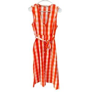 Marie Oliver Womens Orange Gingham Check Dress Size M Sleeveless V-Neck Pockets